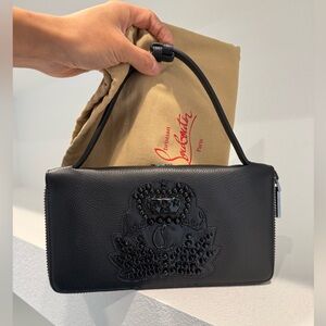 NEW Christian Louboutin Panettone Studs Logo Black Purse Zip Clutch Big Wallet